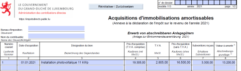 Capture d'écran du formulaire 113 (amortissement) avec annotations