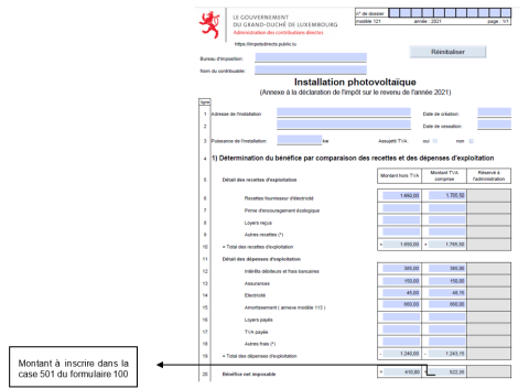 Capture d'écran du formulaire 121 (installation photovoltaïque) avec annotations