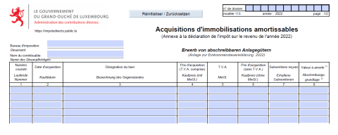 Formulaire 113 Acquisitions d'immobilisations amortissables