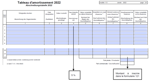 Formulaire 113 Tableau d'amorissement 2022