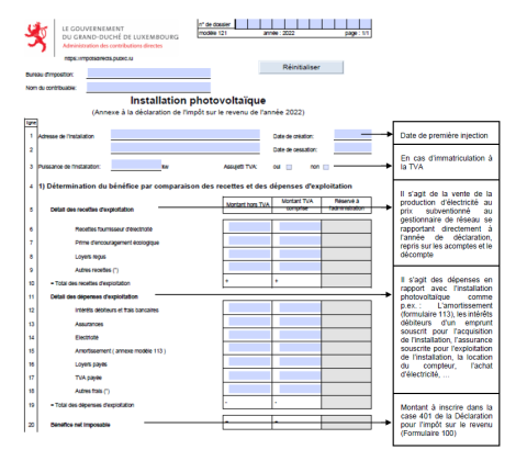 Formulaire 121, installation PV